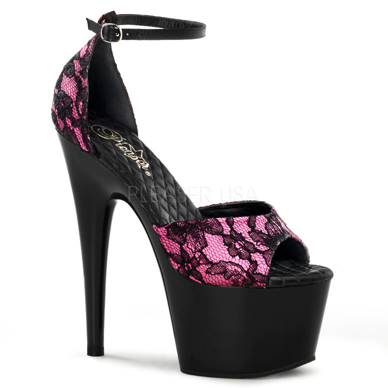 PLEASER ADORE-768 7" Heel, 2 1/2" PF Open Toe Ankle Strap D'Orsay Sandal Pink Satin-Blk Lace/Blk
