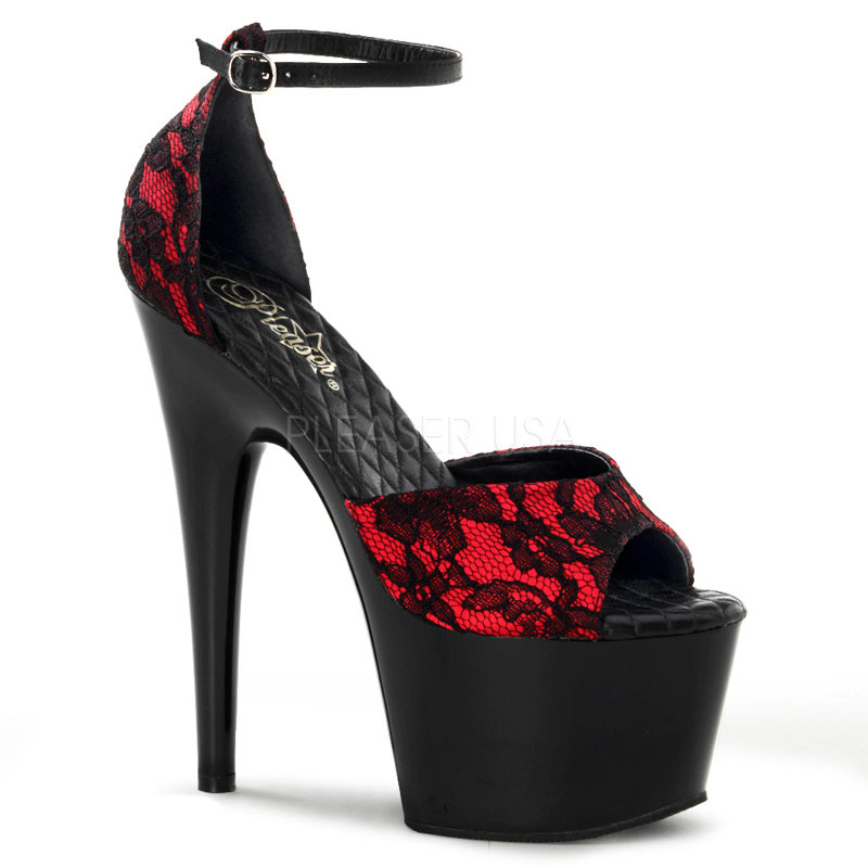 PLEASER ADORE-768 7" Heel, 2 1/2" PF Open Toe Ankle Strap D'Orsay Sandal Red Satin-Blk Lace/Blk