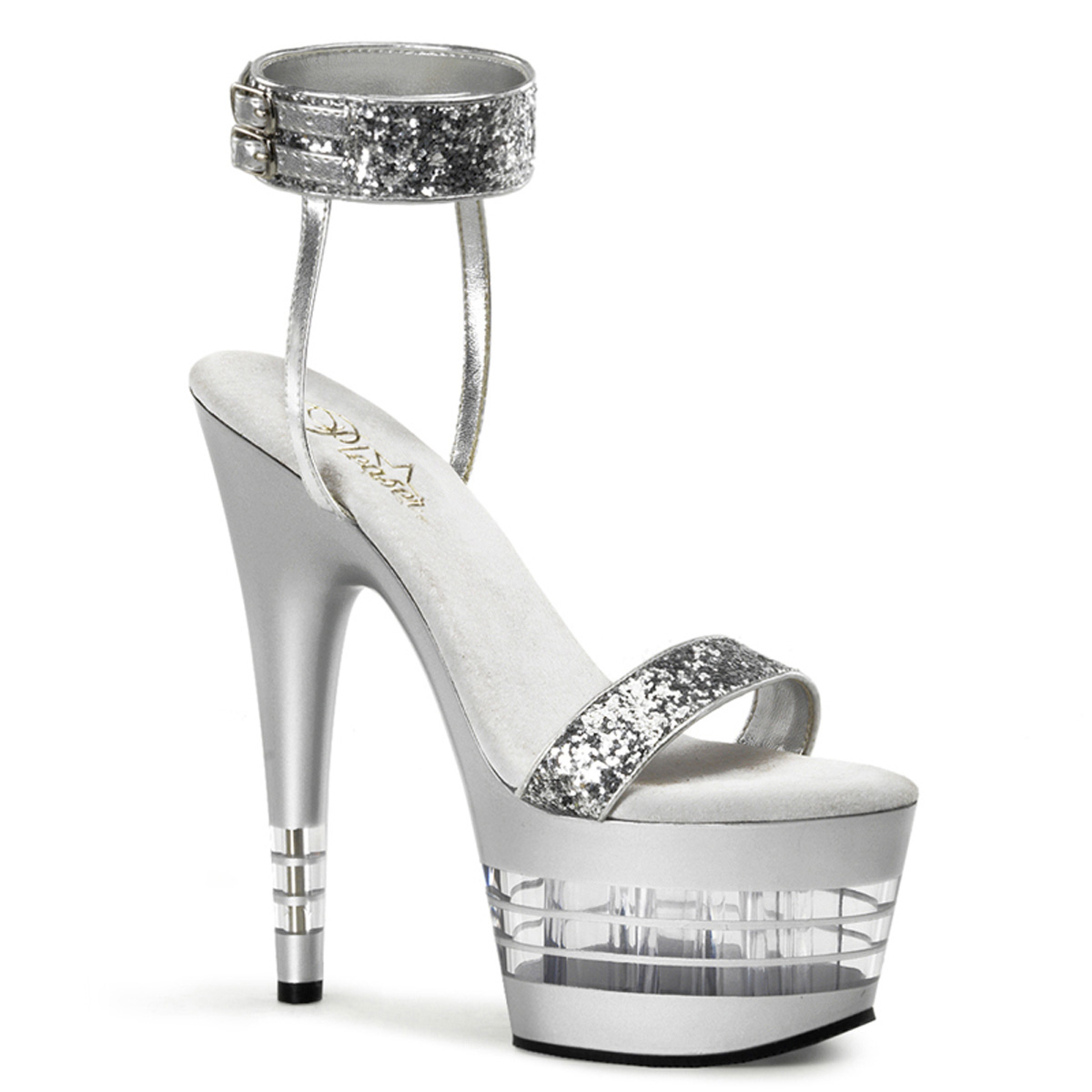 PLEASER ADORE-778LN 7" Lined Bottom PF Sandal W/Wide Ankle Ban Slv Gltr/Slv