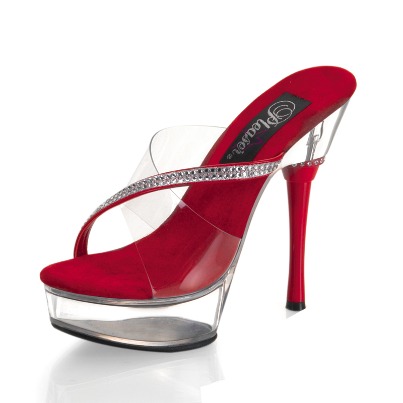 PLEASER ALLURE-603 5 1/2" Stiletto Heel Platform Slide W/RS Clr-Red/Clr