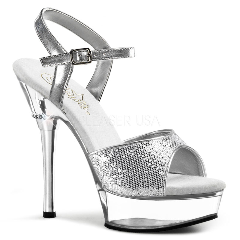 PLEASER ALLURE-610 5 1/2" Stiletto Heel P/F Sandal Slv Gltr/Clr