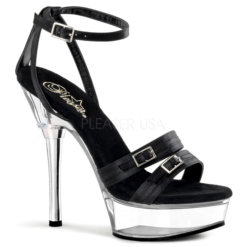 PLEASER ALLURE-655 5 1/2" Stiletto Heel P/F Sandal Blk Satin/Clr