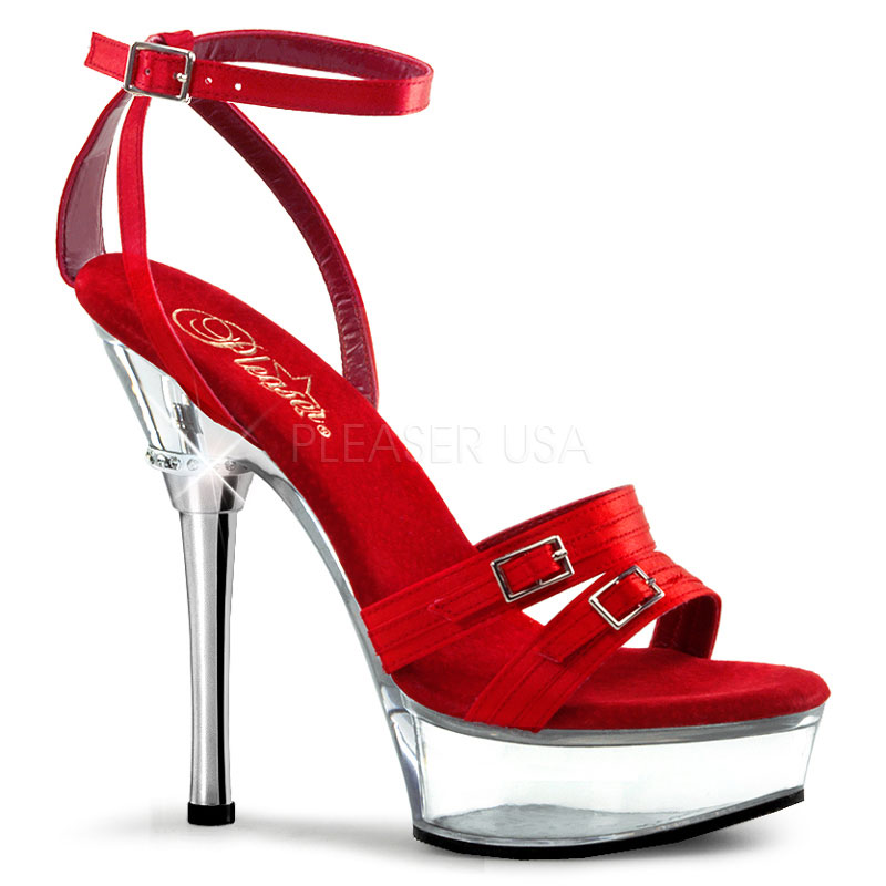 PLEASER ALLURE-655 5 1/2" Stiletto Heel P/F Sandal Red Satin/Clr