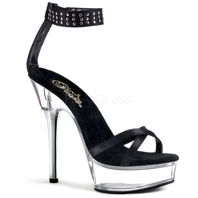 PLEASER ALLURE-660 5 1/2" Stiletto Heel P/F Sandal Blk Satin/Clr