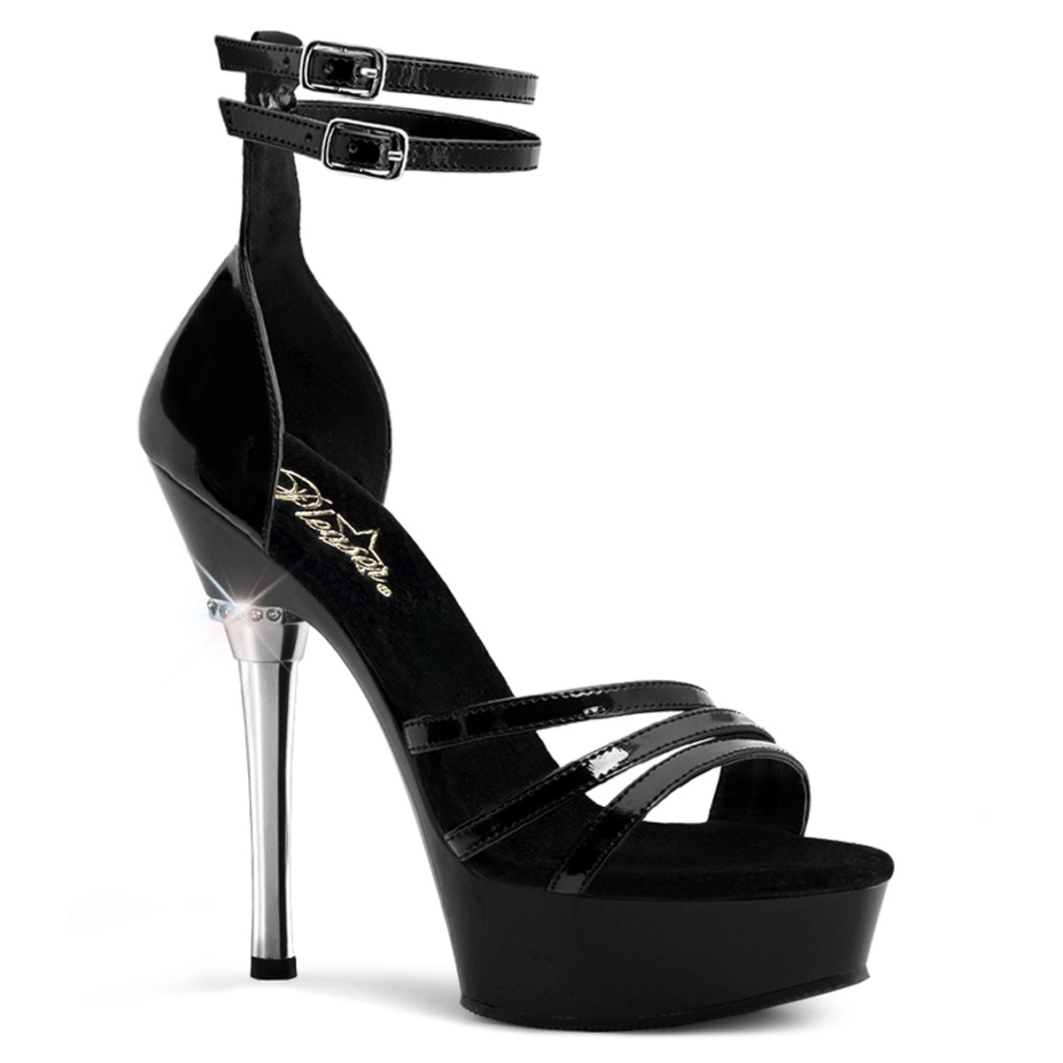 PLEASER ALLURE-670 5 1/2" Stiletto Heel P/F Sandal Blk Pat/Blk