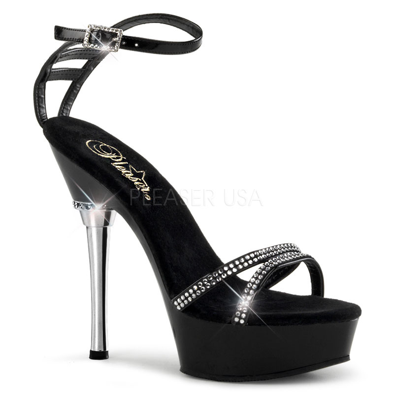 PLEASER ALLURE-684 5 1/2" Stiletto Heel Ankle Strap PF Sandal W/RS Blk Pat/Blk