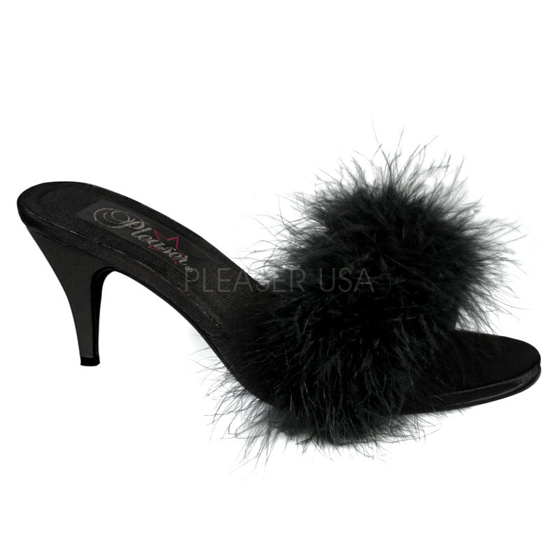 PLEASER AMOUR-03 3" Classic Marabou Slipper Blk Satin-Fur
