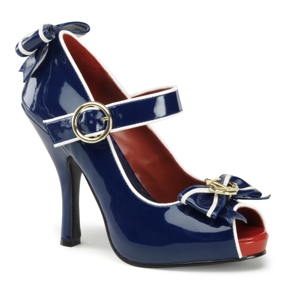 FUNTASMA ANCHOR-22 4 1/2" Heel,3/4" Hidden P/F Open Toe MJ W/ Anchor Bow Blue-Wht Pat