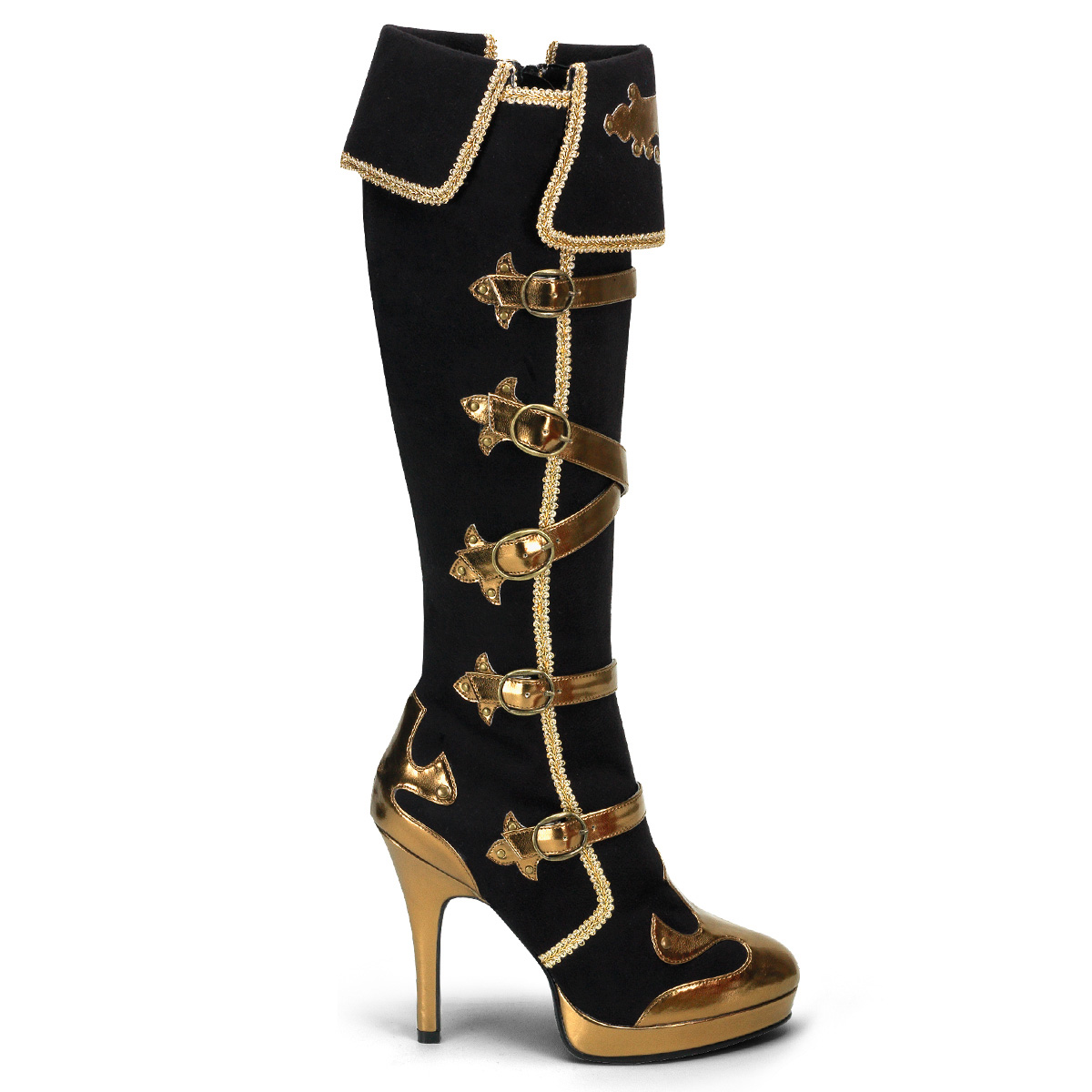 FUNTASMA ARENA-2012 4 1/2" Heel 5 Buckle Strap Carnival P/F Knee Boot Blk Microfiber-Gold Pu
