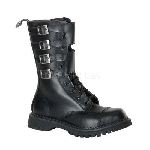 DEMONIA ATTACK-10 10 Eyelette Blk Leather S/T Calf Boot w/4 Buckles Blk Leather