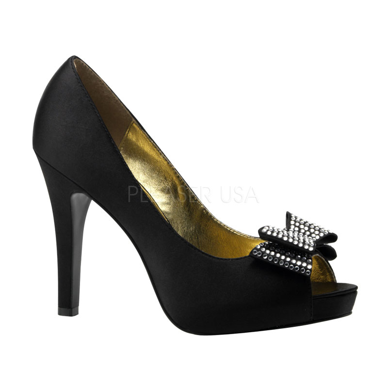 PINUP COUTURE AVA-10 Peep Toe Mini P/F Pump W/Rhinestone Bow Blk Satin