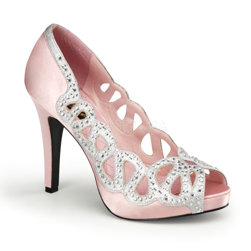 PINUP COUTURE AVA-12 4 1/4" Heel, Peep Toe Pump W/ Rhinestone Cut-Out Trim B. Pink-Silver Satin