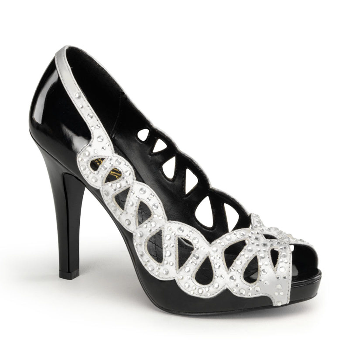 PINUP COUTURE AVA-12 4 1/4" Heel, Peep Toe Pump W/ Rhinestone Cut-Out Trim Blk Pat-Silver Satin