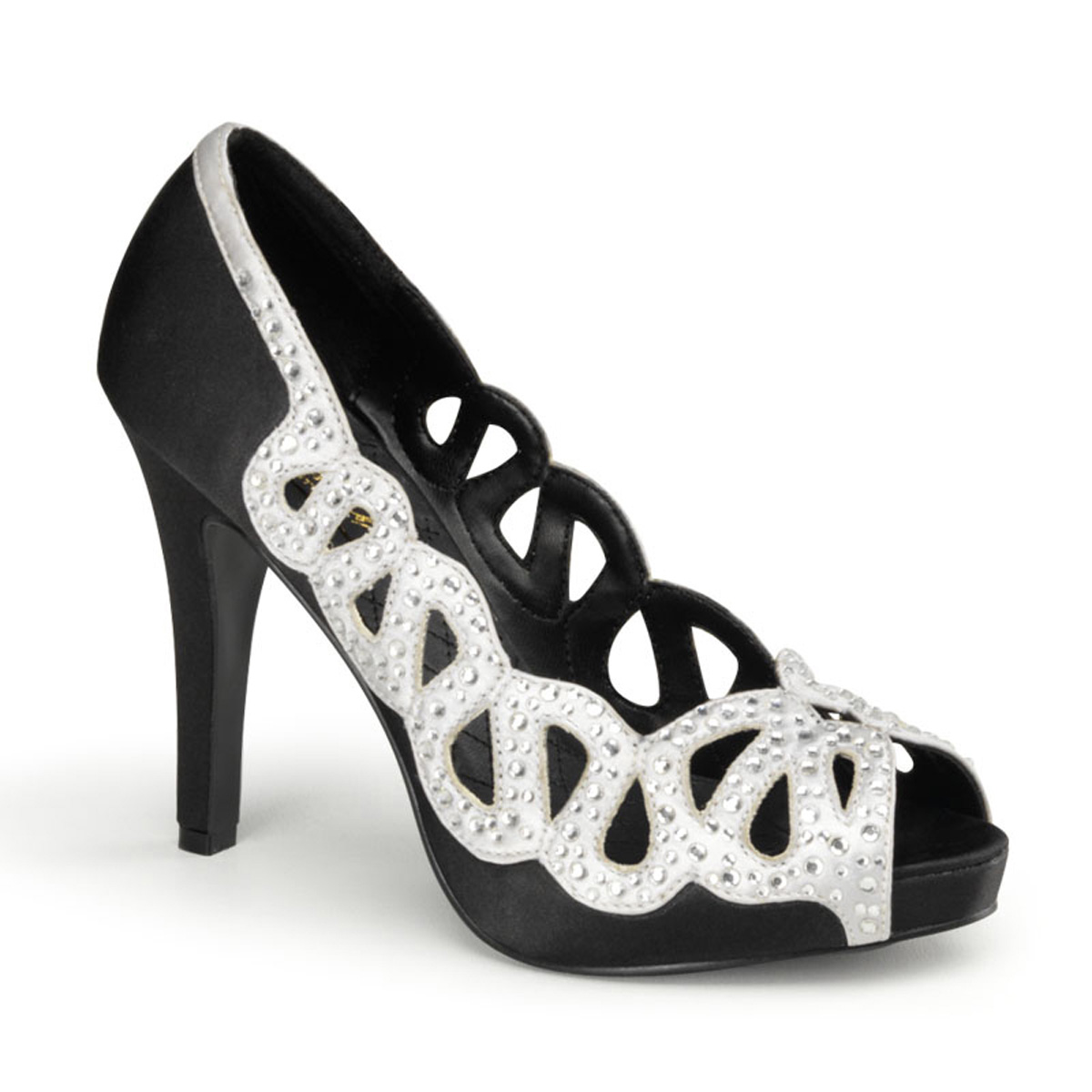 PINUP COUTURE AVA-12 4 1/4" Heel, Peep Toe Pump W/ Rhinestone Cut-Out Trim Blk-Silver Satin