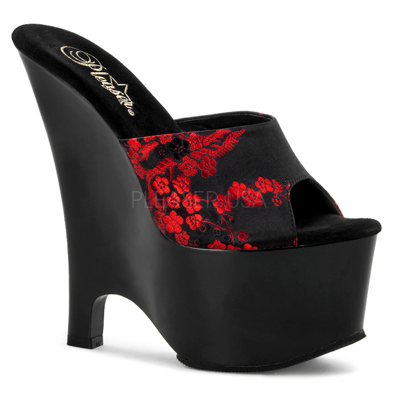 PLEASER BEAU-601-8 6 1/2" Heel, 2 3/4" PF Wedge Slide Blk Cherry Blossom Satin/Blk