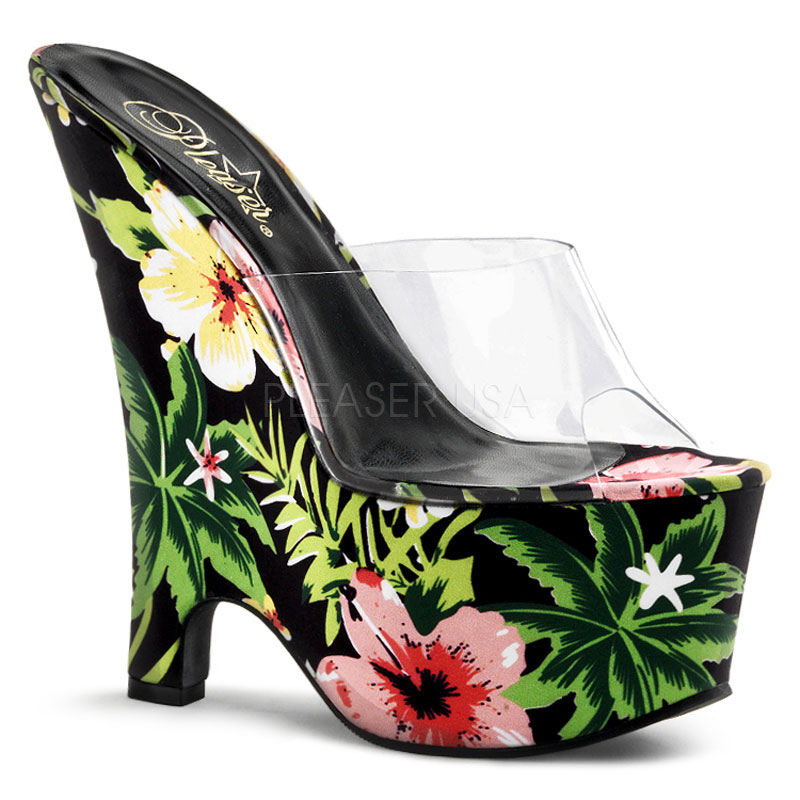 PLEASER BEAU-601FP 6 1/2" Heel, 2 3/4" PF Wedge Slide Clr/Blk Multi Floral Print Fabric