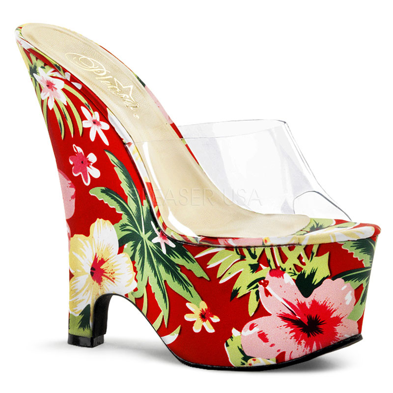 PLEASER BEAU-601FP 6 1/2" Heel, 2 3/4" PF Wedge Slide Clr/Red Multi Floral Print Fabric