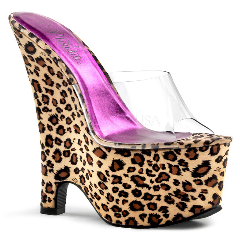 PLEASER BEAU-601LP 6 1/2" Heel, 2 3/4" PF Wedge Slide Blk/Tan Leopard Print Satin