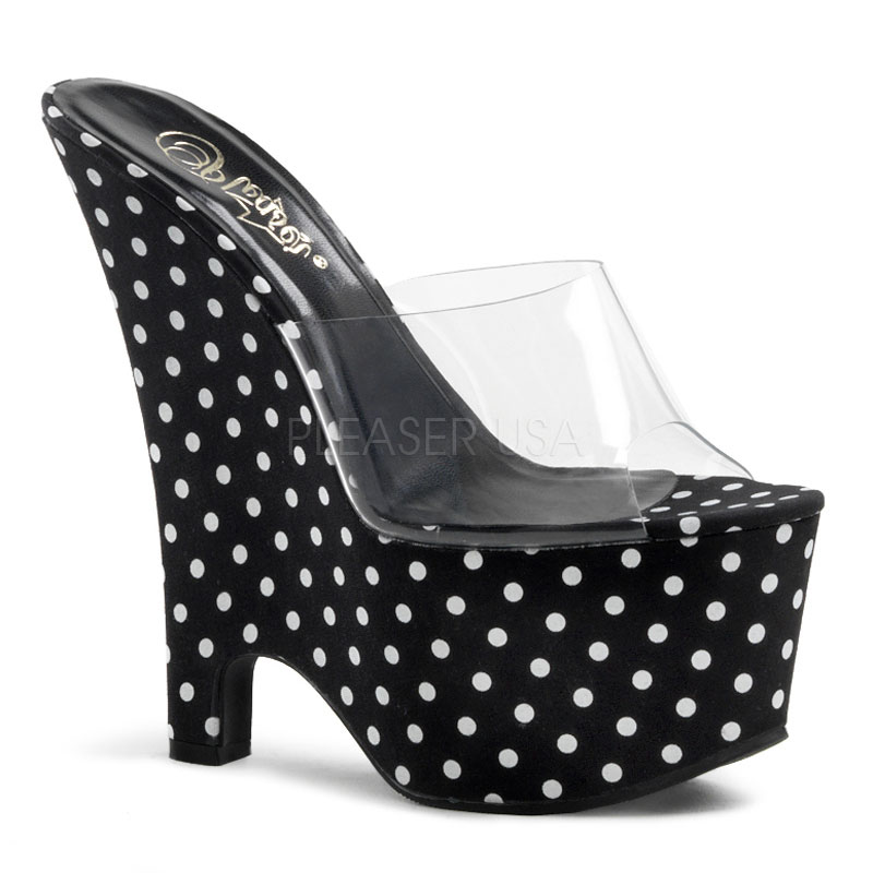 PLEASER BEAU-601PD 6 1/2" Heel, 2 3/4" PF Wedge Slide Clr/Blk-Wht Polka Dots Fabric