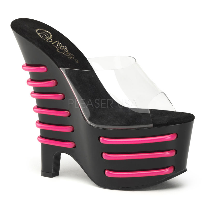 PLEASER BEAU-601T 6 1/2" Heel, 2 3/4" PF Wedge Slide W/ UV Tubes Clr/Blk-H. Pink