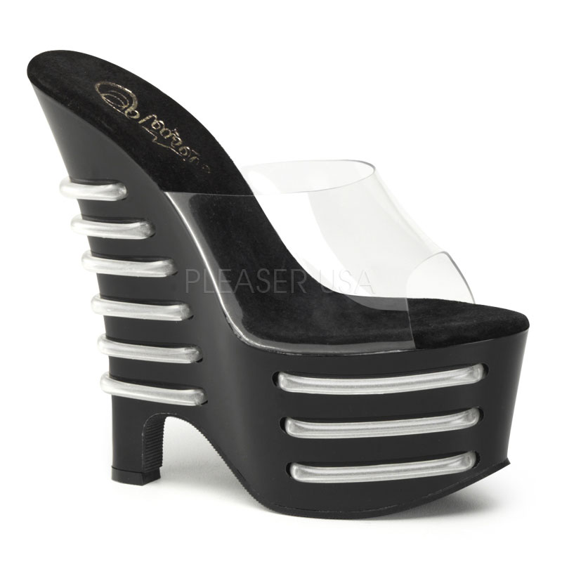 PLEASER BEAU-601T 6 1/2" Heel, 2 3/4" PF Wedge Slide W/ UV Tubes Clr/Blk-Light Blue