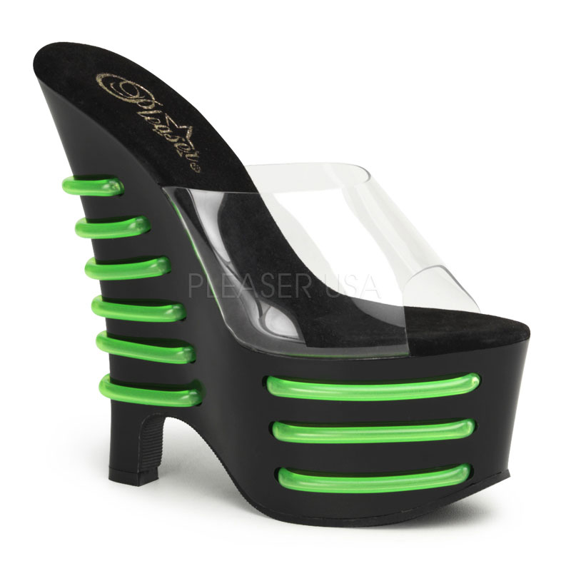 PLEASER BEAU-601T 6 1/2" Heel, 2 3/4" PF Wedge Slide W/ UV Tubes Clr/Blk-Lime Green