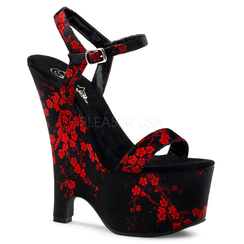 PLEASER BEAU-607CB 6 1/2" Heel, 2 3/4" PF Wedge Slide Blk Cherry Blossom Satin