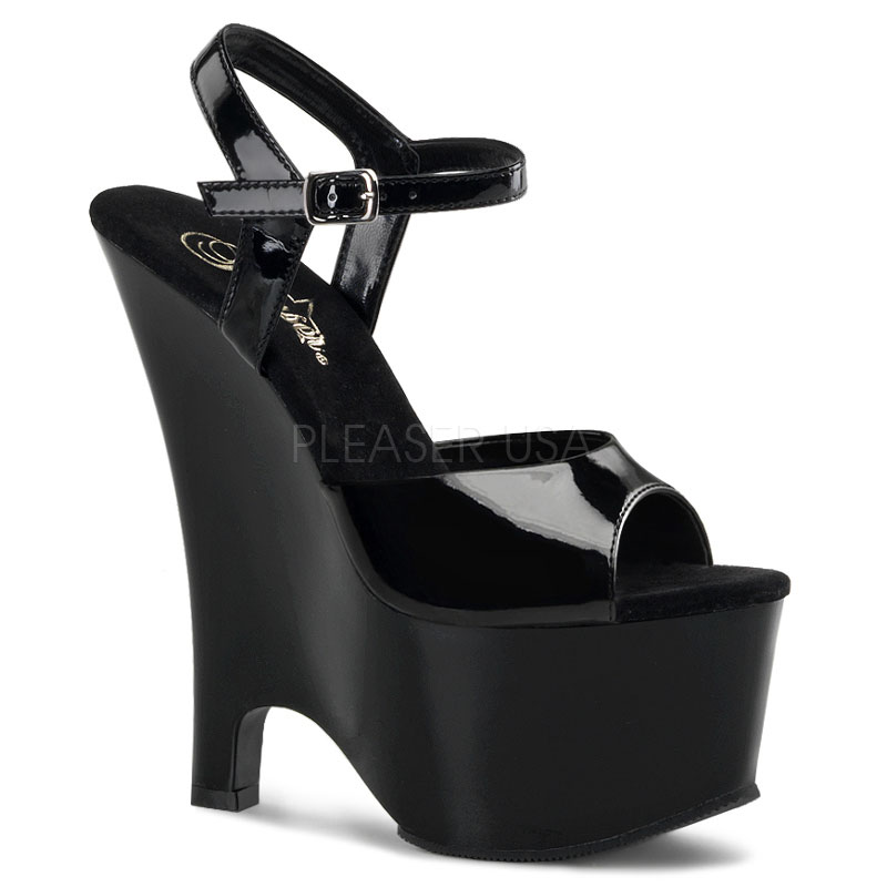 PLEASER BEAU-609 6 1/2" Ankle Strap PF Wedge Sandal Blk Pat/Blk