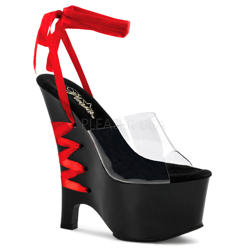 PLEASER BEAU-692 6 1/2" Corset-Style PF Wedge Sandal W/ Ankle Laces Clr/Blk