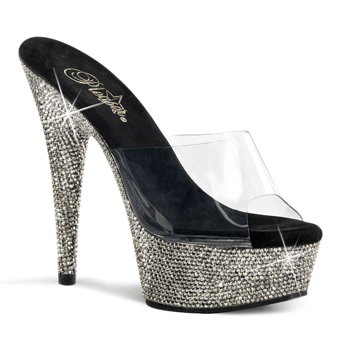 PLEASER BEJEWELED-601DM 6" Heel, 1 3/4" PF Slide Clr/Pewter RS