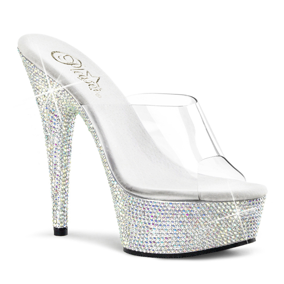 PLEASER BEJEWELED-601DM 6" Heel, 1 3/4" PF Slide Clr/Slv Multi RS