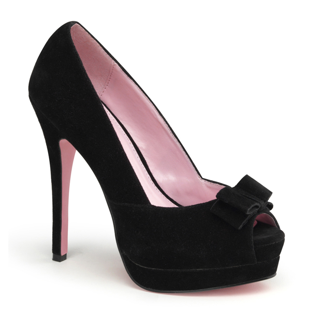 PINUP COUTURE BELLA-10 5 1/4" Heel, 3/4" P/F Peep Toe Pump W/ Bow Accent Blk Sueded Pu