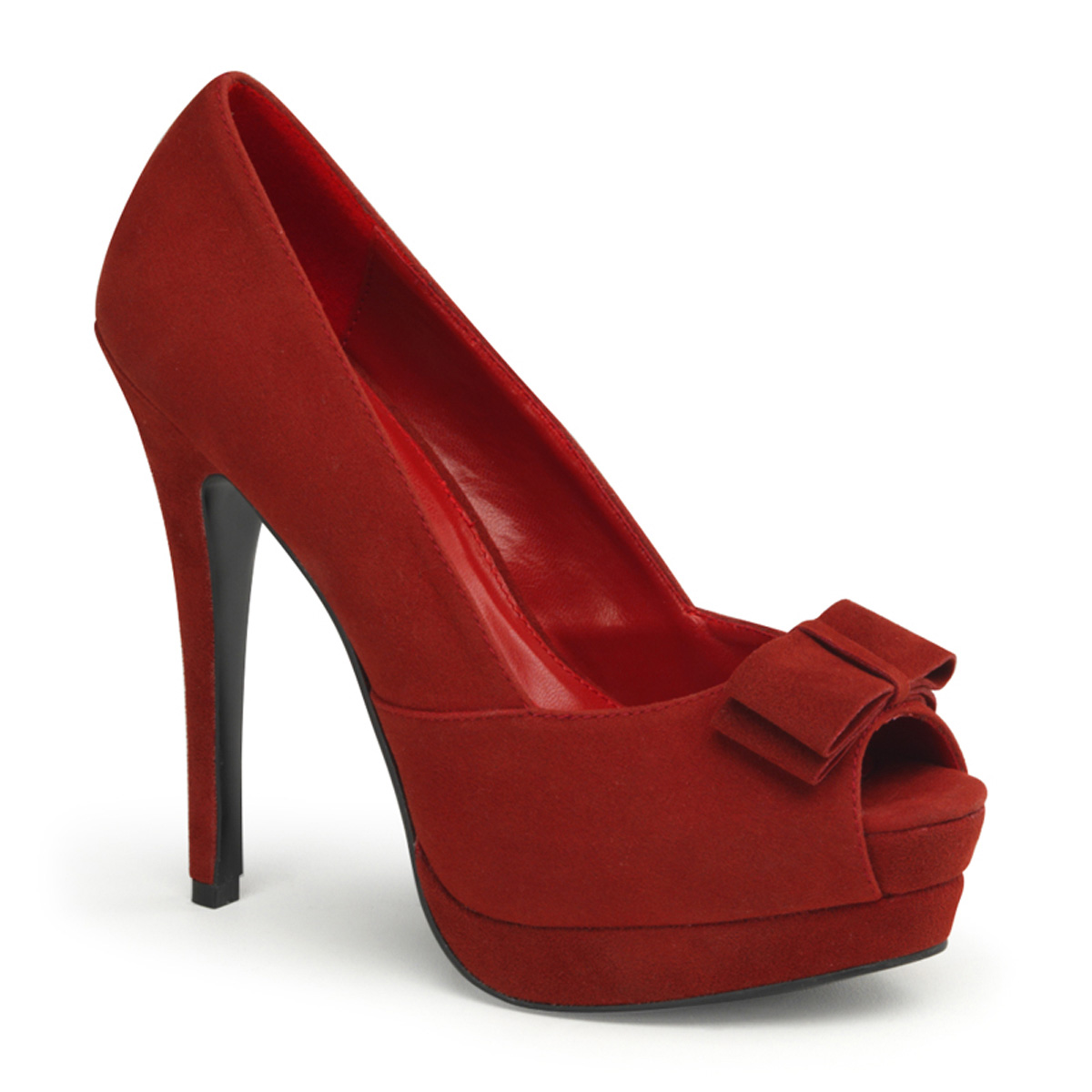 PINUP COUTURE BELLA-10 5 1/4" Heel, 3/4" P/F Peep Toe Pump W/ Bow Accent Red Sueded Pu