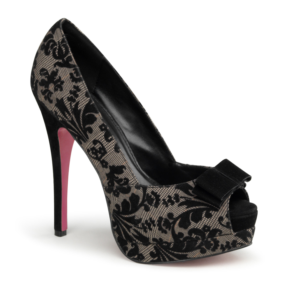 PINUP COUTURE BELLA-11 5 1/4" Heel, 3/4" P/F Peep Toe Pump W/ Bow Accent Brown Tweed Fabric-Blk
