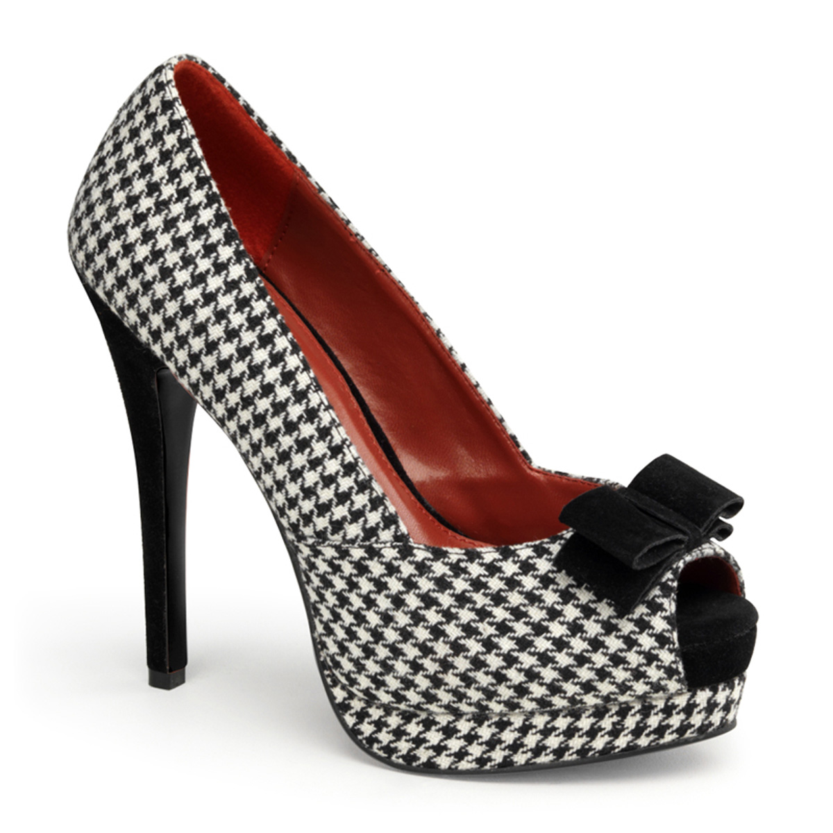 PINUP COUTURE BELLA-11 5 1/4" Heel, 3/4" P/F Peep Toe Pump W/ Bow Accent Houndstooth Fabric-Blk