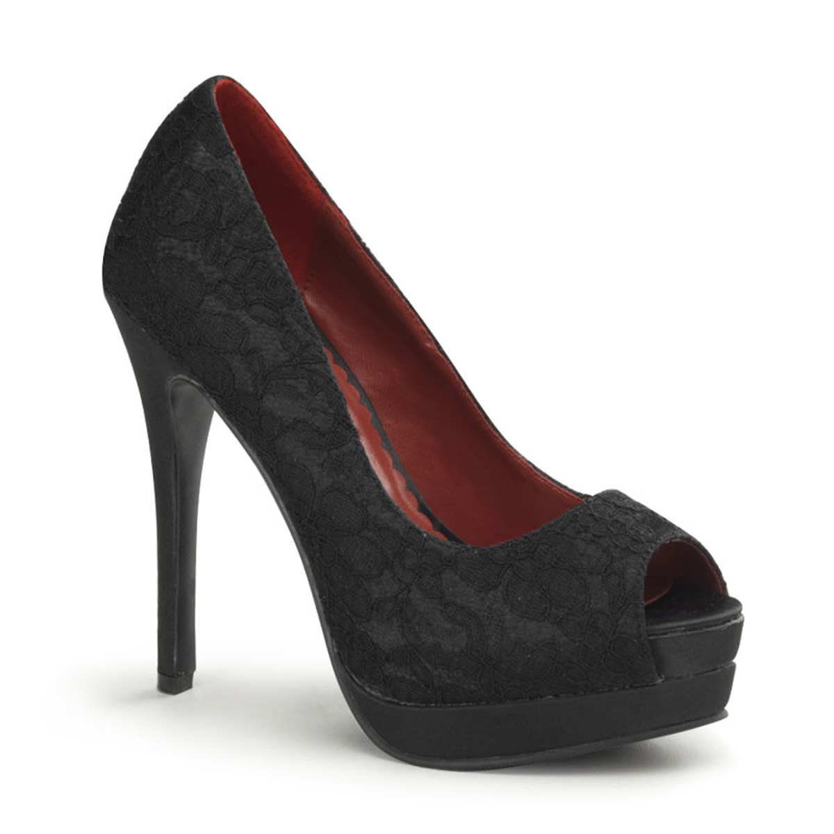 PINUP COUTURE BELLA-16 5 1/2" Heel, 3/4" P/F Peep Toe Pump Blk Satin-Blk Lace Overlay