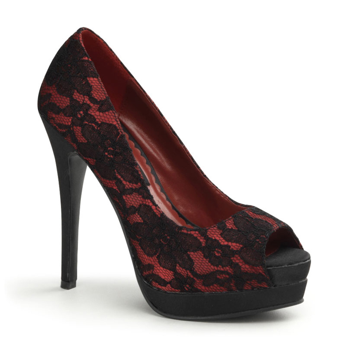 PINUP COUTURE BELLA-16 5 1/2" Heel, 3/4" P/F Peep Toe Pump Red Satin-Blk Lace Overlay