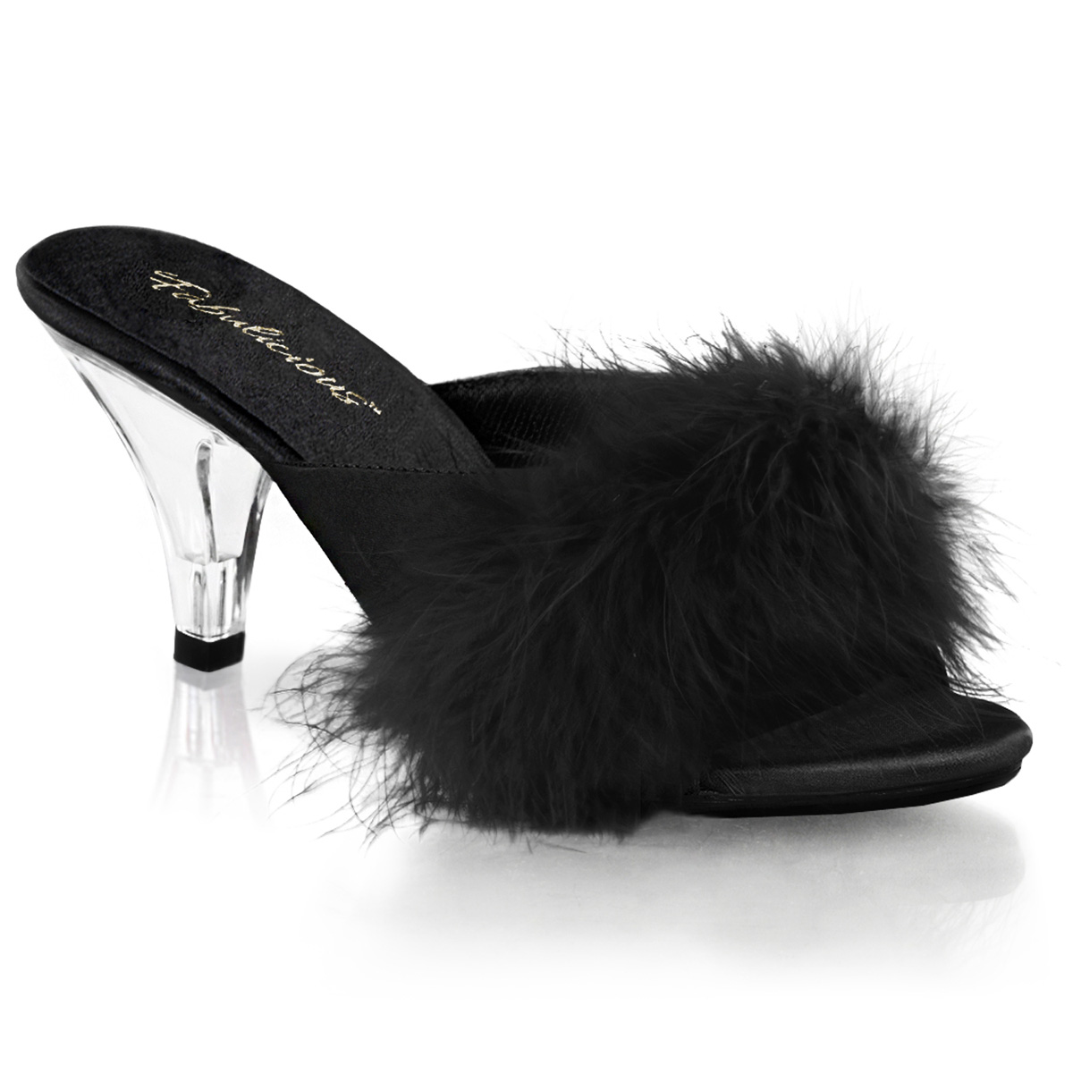 PLEASER BELLE-301F 3" Heel Fur Sandal Blk Satin-Fur/Clr