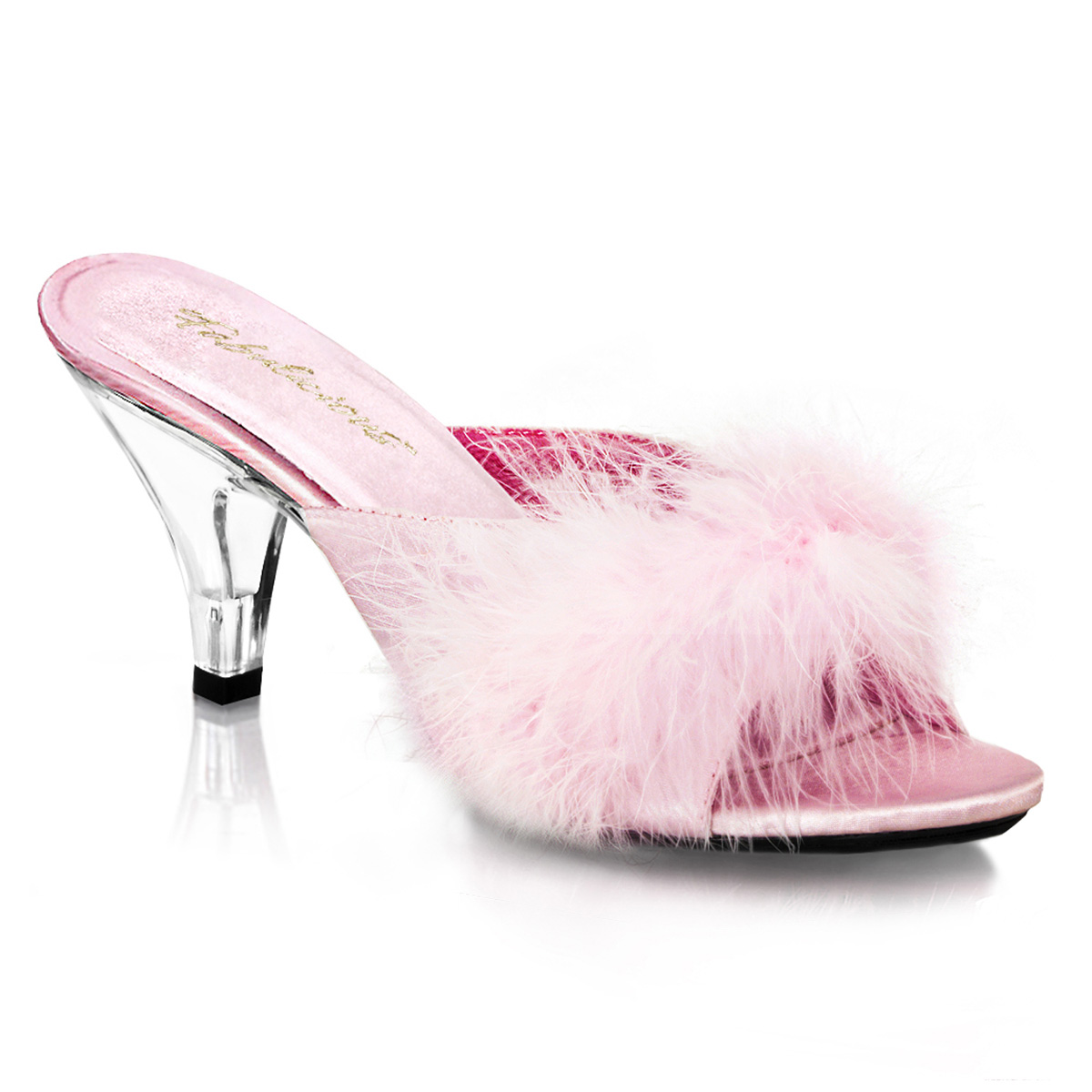 PLEASER BELLE-301F 3" Heel Fur Sandal B. Pink Satin-Fur/Clr