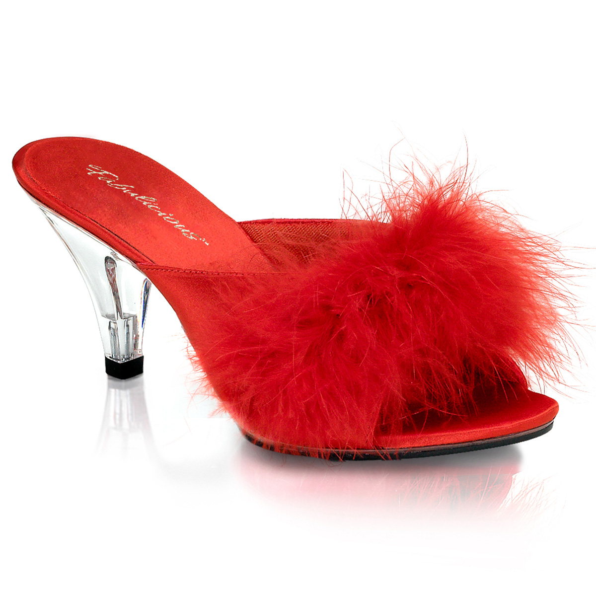 PLEASER BELLE-301F 3" Heel Fur Sandal Red Satin-Fur/Clr