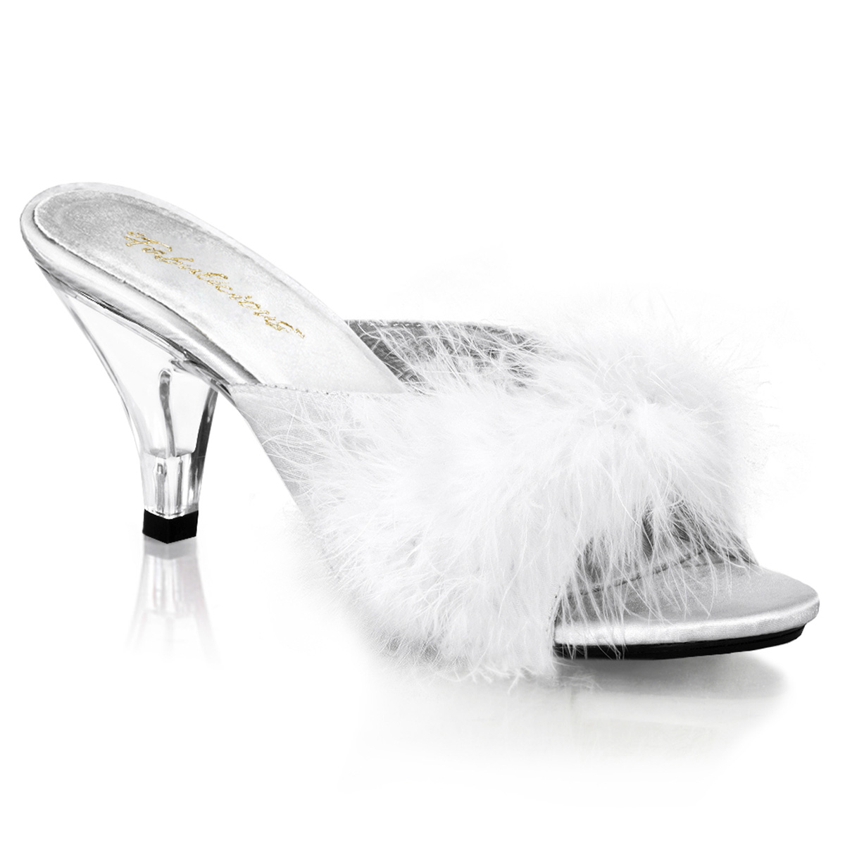 PLEASER BELLE-301F 3" Heel Fur Sandal Wht Satin-Fur/Clr