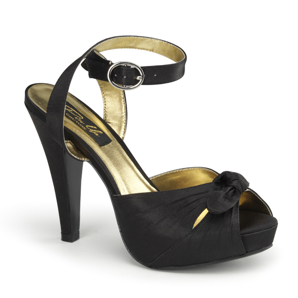 PINUP COUTURE BETTIE-04 4 1/2" Heel, 1" Hidden P/F Peep Toe Ankle Wrap Sandal W/ Bow Blk Satin