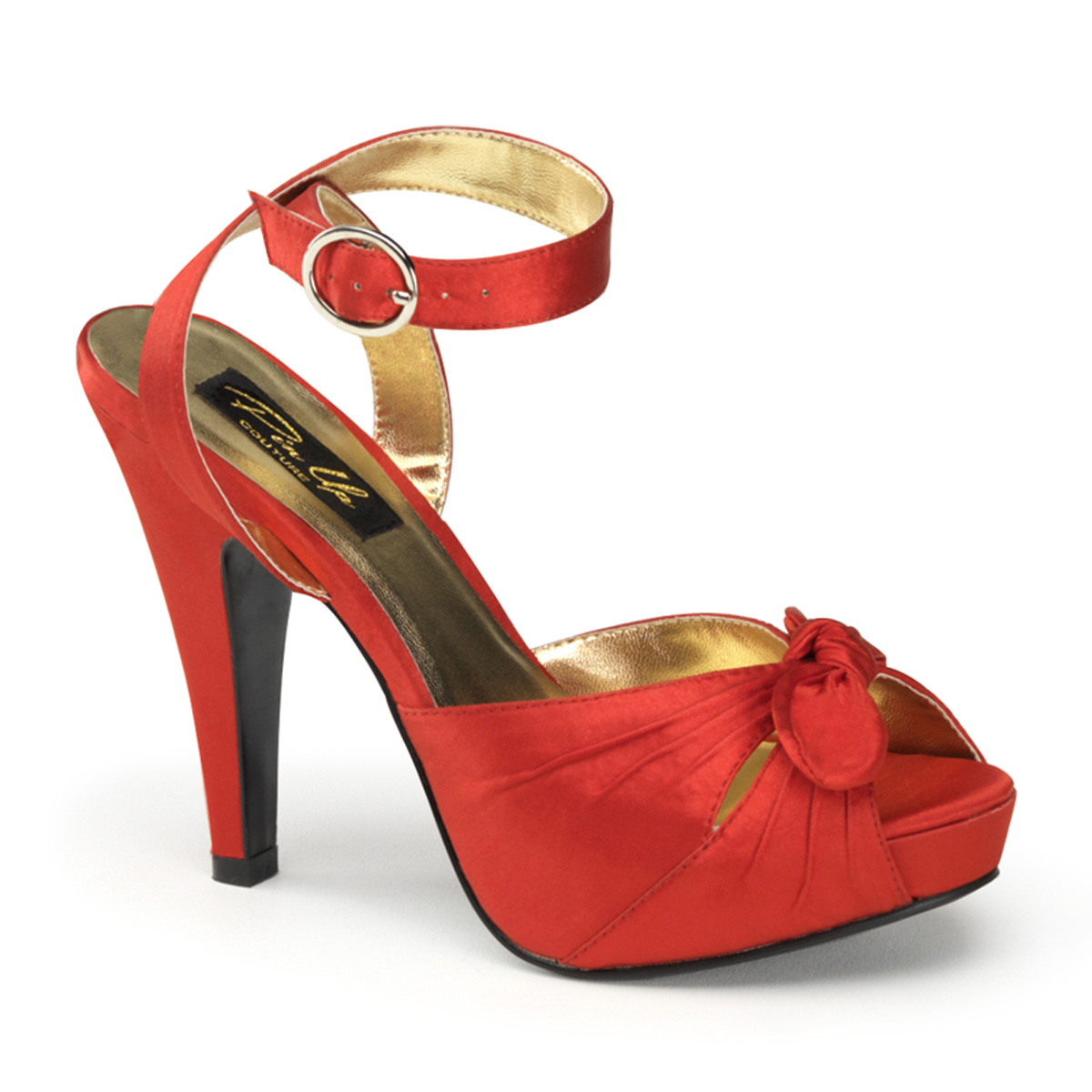 PINUP COUTURE BETTIE-04 4 1/2" Heel, 1" Hidden P/F Peep Toe Ankle Wrap Sandal W/ Bow Red Satin