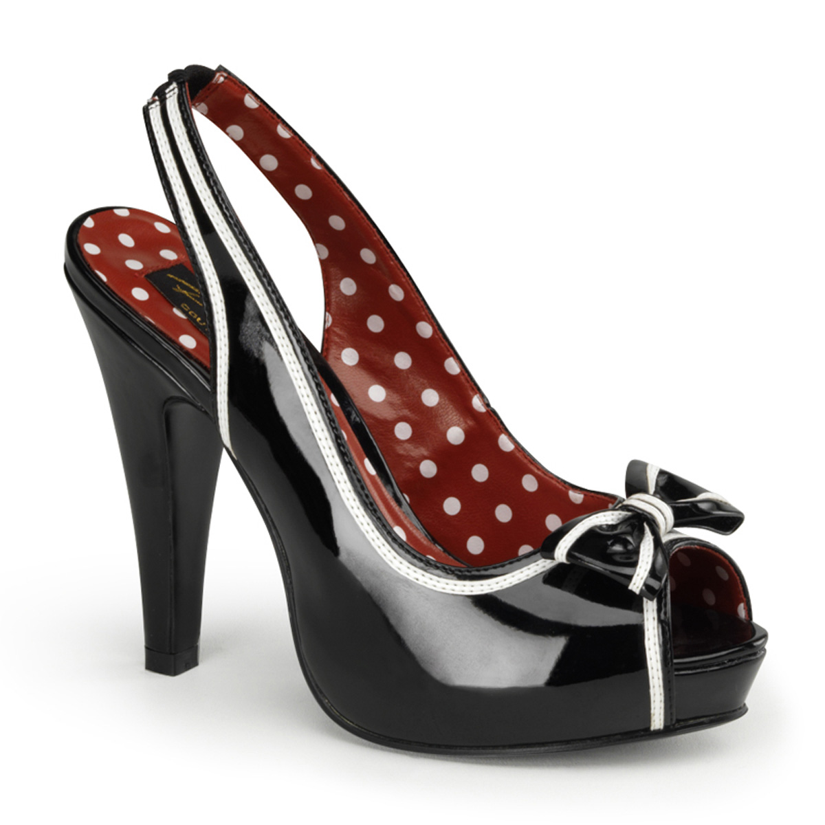 PINUP COUTURE BETTIE-05 4 1/2" Heel, 1" Hidden P/F Peep Toe Slingback Sandal W/ Bow Blk Pat