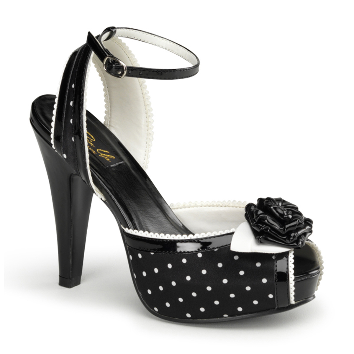PINUP COUTURE BETTIE-06 4 1/2" Heel, 1" Hidden P/F Peep Toe Ankle Strap Sandal Blk Satin (Polka Dots Print)