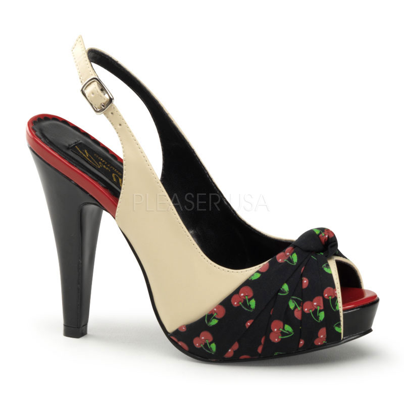 PINUP COUTURE BETTIE-09 4 1/2" Heel, 1" Hidden P/F Open Toe Pump W/ Pleated Knot Cream Pu-Blk Fabric