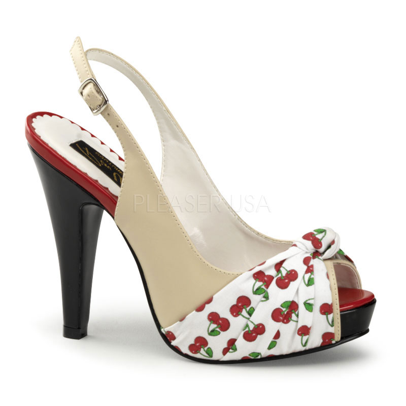 PINUP COUTURE BETTIE-09 4 1/2" Heel, 1" Hidden P/F Open Toe Pump W/ Pleated Knot Cream Pu-Wht Fabric