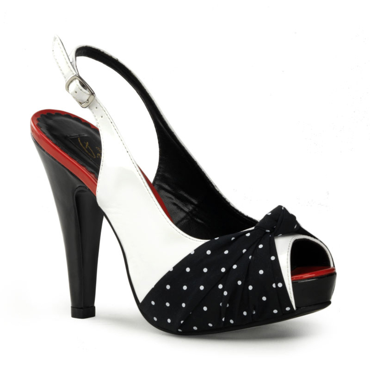 PINUP COUTURE BETTIE-09 4 1/2" Heel, 1" Hidden P/F Open Toe Pump W/ Pleated Knot Wht Pat-Blk Fabric