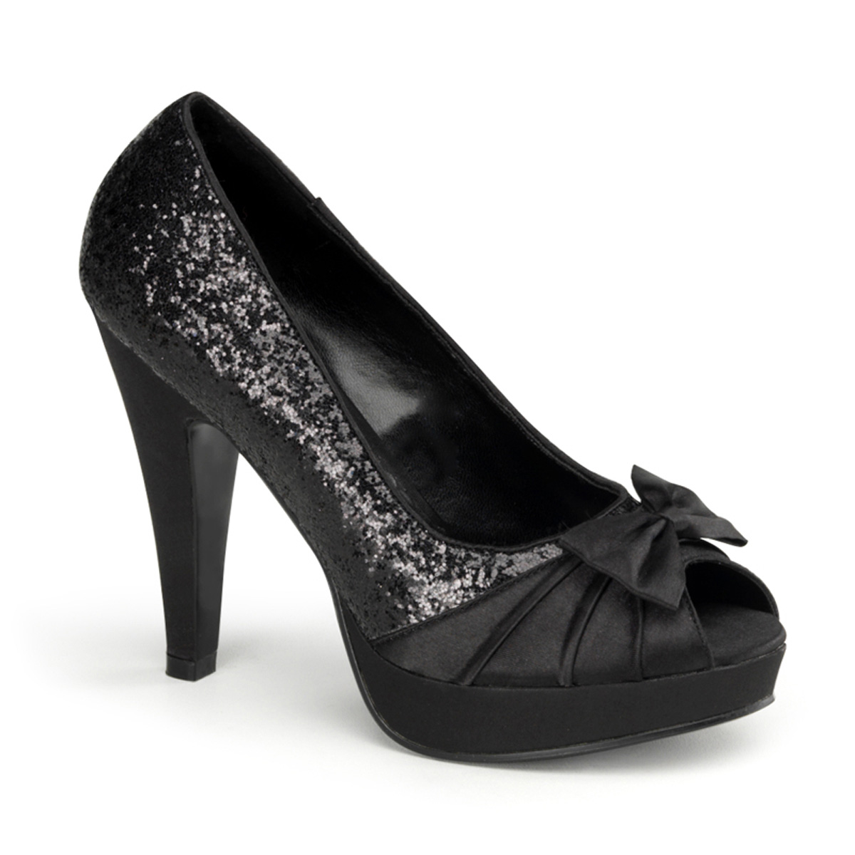 PINUP COUTURE BETTIE-10 4 1/2" Heel, 1" P/F Open Toe Pump W/ Bow Detail At Toe Blk Gltr-Satin