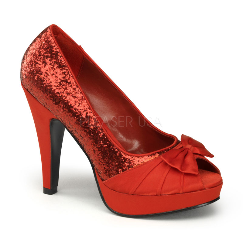 PINUP COUTURE BETTIE-10 4 1/2" Heel, 1" P/F Open Toe Pump W/ Bow Detail At Toe Red Gltr-Satin